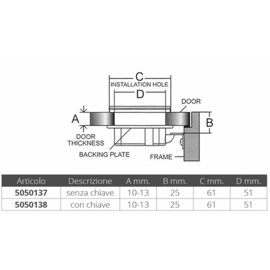 ALZAPAGLIOLO CON CHIAVE STAGNO INOX Ø 60 mm PER PORTELLI SPESSI MAX 22mm