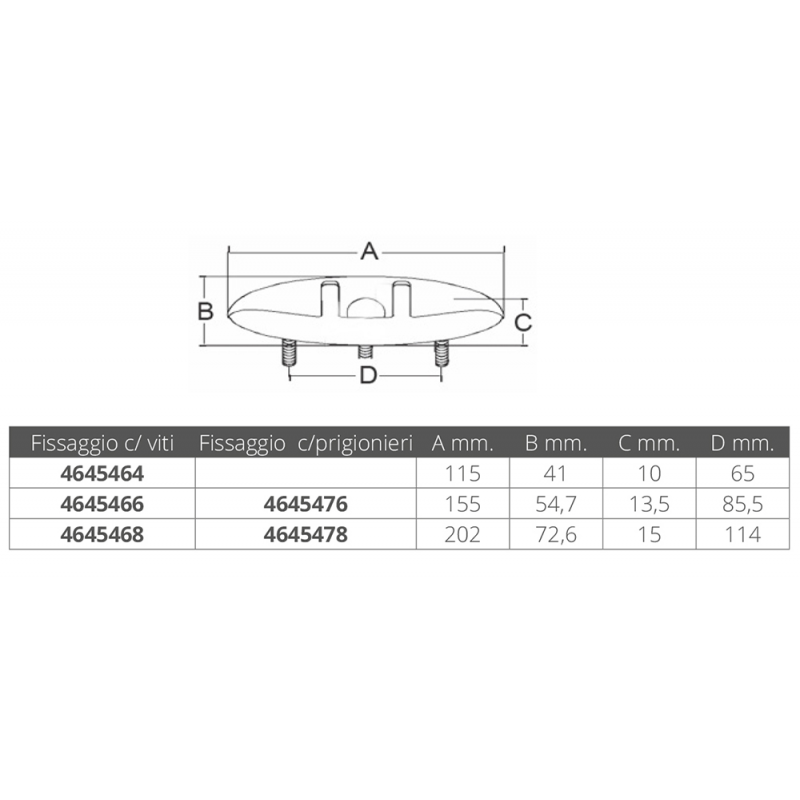 BITTA ABBATIBILE INOX DA 202 mm FISSAGGIO CON PRIGIONIERI
