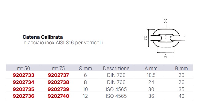 CATENA INOX AISI 316 CALIBRATA PER VERRICELLI Ø 6 FASCIO DA 50 METRI