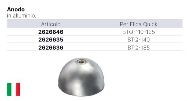 ANODO DI RICAMBIO IN ALLUMINIO PER ELICA DI PRUA QUICK MODELLO BTQ 110-125