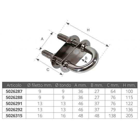 CAVALLOTTO AD U DELUXE INOX FILETTO 9 mm LUNGHEZZA 100 mm